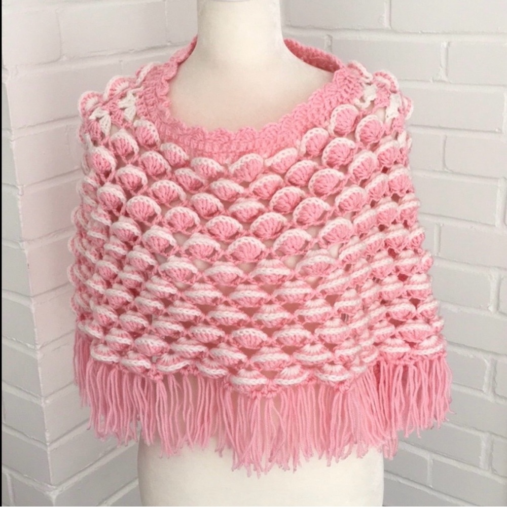 Teens Girls Women Pink/White Pullover Spring Church Classic Crochet Poncho